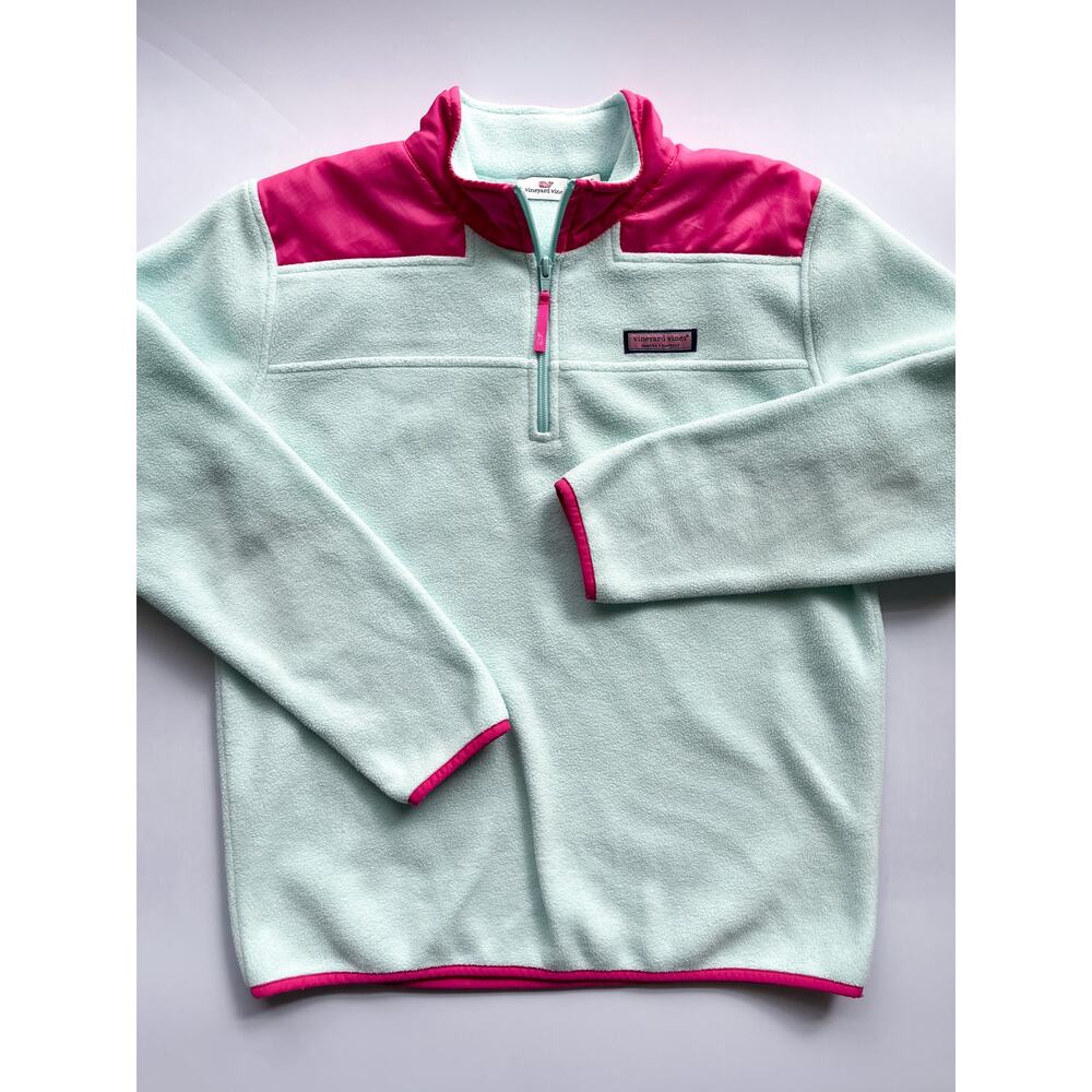 Girls Vineyard Vines Coral and Green Fleece Pullover Quarter Zip Size XL 16